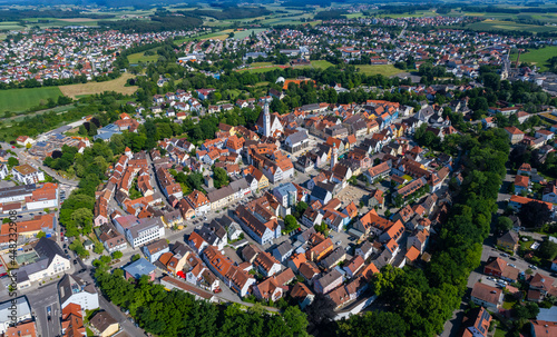 Aerial view of the city Schrobenhausen in Germany, Bavaria on a sunny spring day