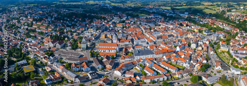 Aerial view of the city Pfaffenhofen an der Ilm in Germany  Bavaria on a sunny high noon spring day