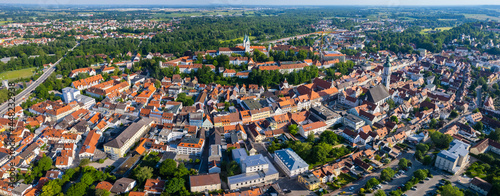 Aerial view of the city Freising in Germany, Bavaria on a sunny spring afternoon.