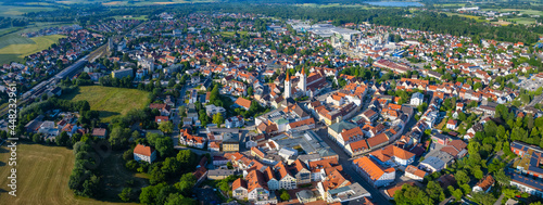 Aerial view of the city Moosburg in Germany  Bavaria on a sunny afternoon spring day