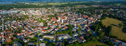 Aerial view of the city Moosburg in Germany, Bavaria on a sunny afternoon spring day