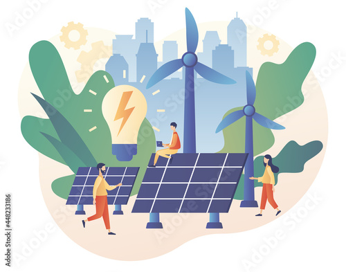 Tiny people on Power plant with solar panels and windmills. Renewable energy. Green energy concept. Eco Industry. Modern flat cartoon style. Vector illustration on white background