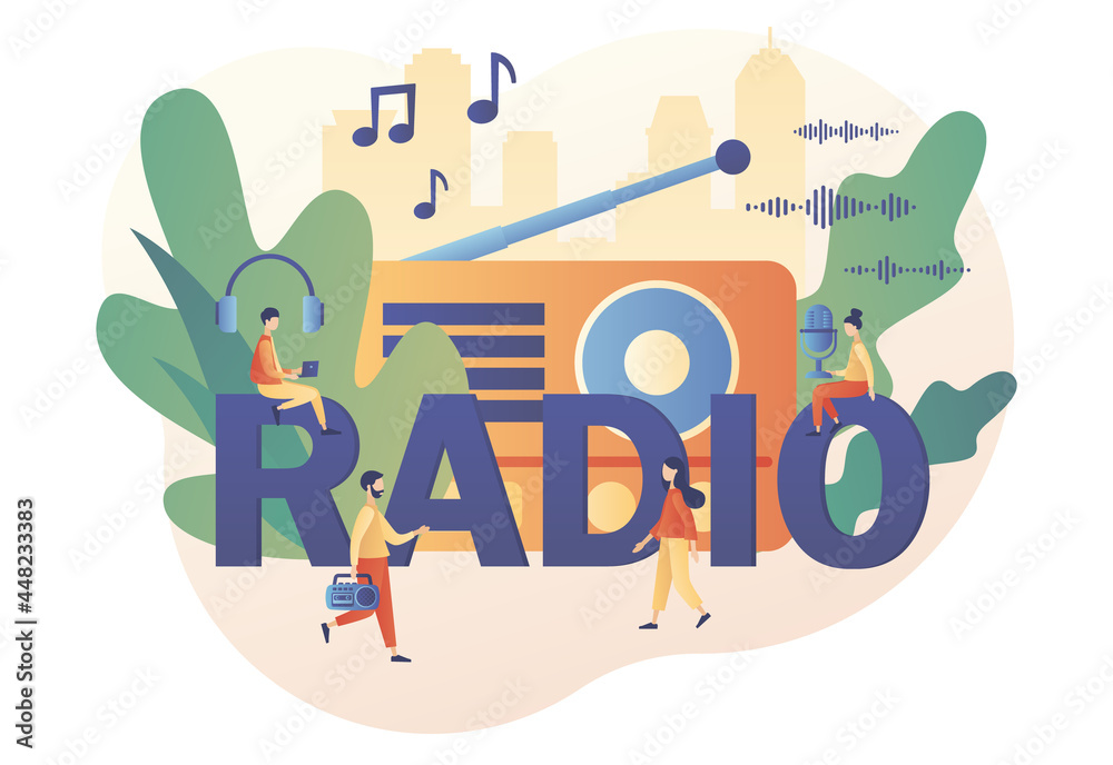 Tiny people listening boombox On-air, audio, music, talk show, interviews  of guest online. Radio - big text. Retro old radio. Modern flat cartoon  style. Vector illustration on white background vector de Stock