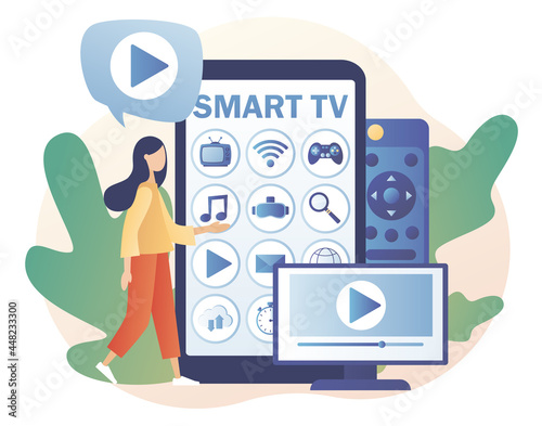 Tiny woman watch menu Smart TV in smartphone app. Modern television technology. Video, content, applications on multimedia box tv. Modern flat cartoon style. Vector illustration on white background