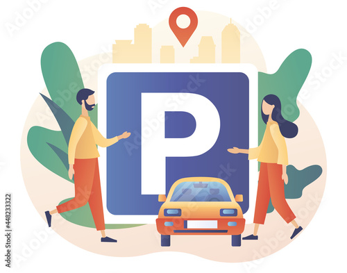Parking - big road sign. Tiny people looking for parking space, park automobile. Public car-park in big city. Urban transport. Modern flat cartoon style. Vector illustration on white background