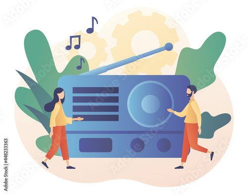 Tiny people listening boombox On-air, audio, music, talk show, interviews of guest online. Retro old radio. Modern flat cartoon style. Vector illustration on white background