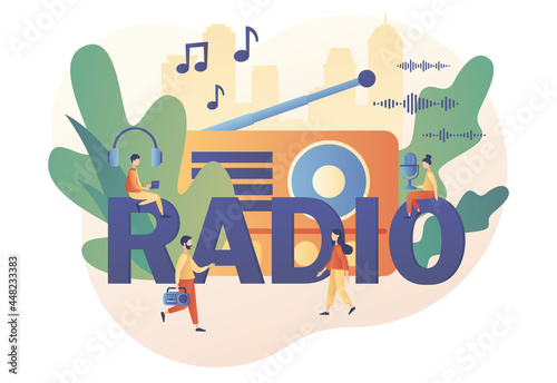 Tiny people listening boombox On-air, audio, music, talk show, interviews of guest online. Radio - big text. Retro old radio. Modern flat cartoon style. Vector illustration on white background