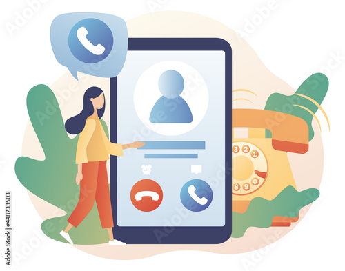 Tiny woman receive incoming call in smartphone app. Phone call concept. Accept Button, Decline Button. Communication device. Modern flat cartoon style. Vector illustration on white background