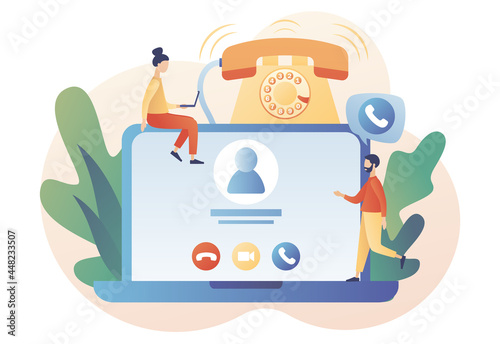 Tiny people receive incoming call online. Phone call concept. Accept Button, Decline Button, Video call. Communication device. Retro phone. Modern flat cartoon style. Vector illustration