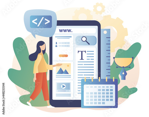 Tiny woman building webpage in smartphone app. Web design concept. Website interface design. Software development process. SEO. Modern flat cartoon style. Vector illustration on white background