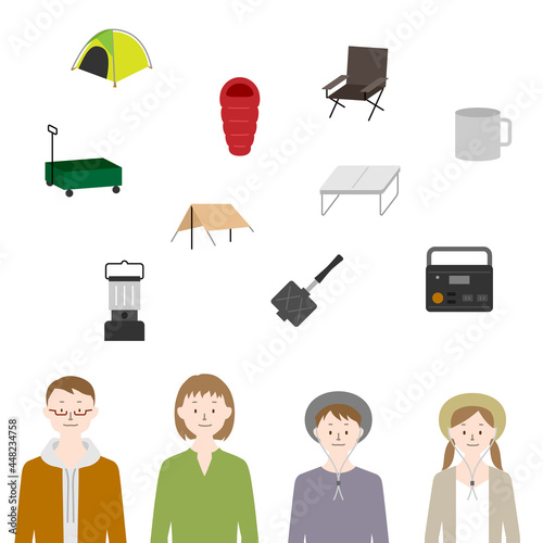 Camp illustration, person and icon set (white background, vector, cut out)
