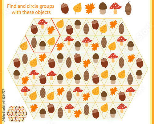  Logic game for children. Divide and circle the groups with the objects shown at the top