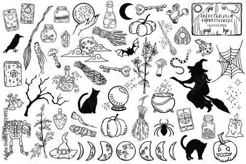 Fototapeta Naklejka Na Ścianę i Meble -  Witchcraft symbols design elements set. Witch magic illustration in hand drawn, sketch style. Tarot cards, black cat, potions, witch on a broom, magic ball, halloween. Stock vector illustration.