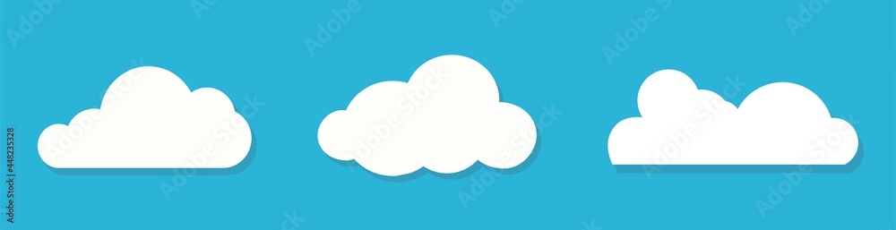 White clouds flat design set on blue background. Vector