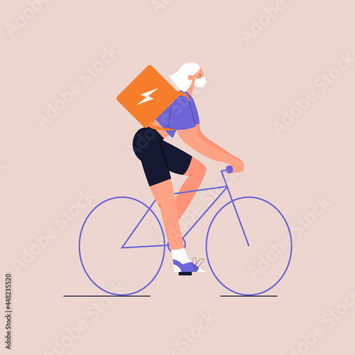 Cartoon feminine courier in a medical mask with a box on his back rides a bicycle. Eco-friendly urban transport. Lifestyle after quarantine. Vector flat illustration. Eps 10. photo