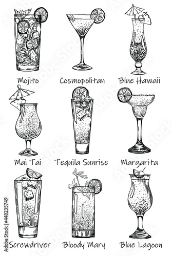 Collection of cocktails for bar and pub. Stock vector illustration.