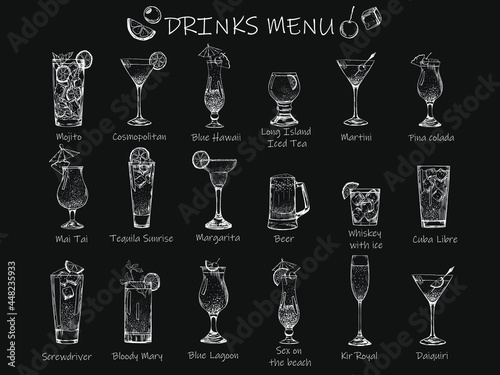 Chalkboard drinks menu. Stock vector illustration.