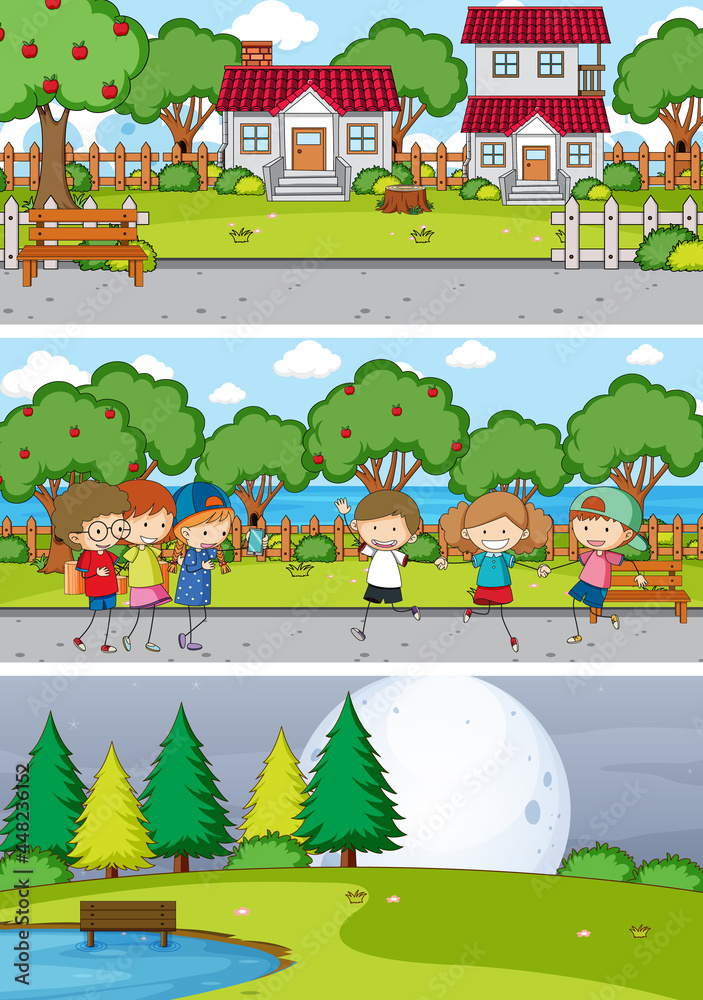 Set Different Horizontal Scenes With Doodle Kids Cartoon Character_5