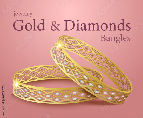 diamond cut gold bangle golden Bracelet jewelry woman fashion jewel bangles with gems vector illustrator