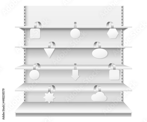 Wobblers Shelves Realistic Showcase Display With White Price Tags Template photo