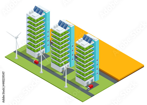 Isometric modern aeroponic hydroponics farm. Future Plant food production. Plant food production in vertically stacked layers. Fresh organic vegetable grown using aquaponic or hydroponic farming.