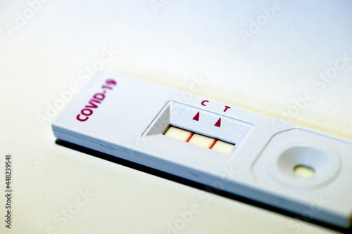 Positive Cassette rapid test for COVID-19, Test Result by Using  Novel Coronavirus COVID 19 SARS COV-2 Antigen Lateral Flow Rapid Qualitative Test Kit  white background.  Antigen Test with copy space.