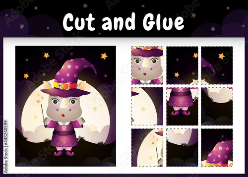 Children board game cut and glue with a cute rhino using halloween costume