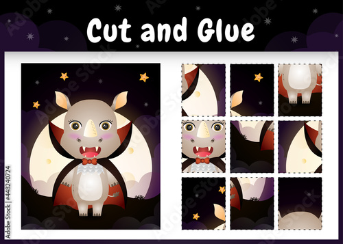 Children board game cut and glue with a cute rhino using halloween dracula costume