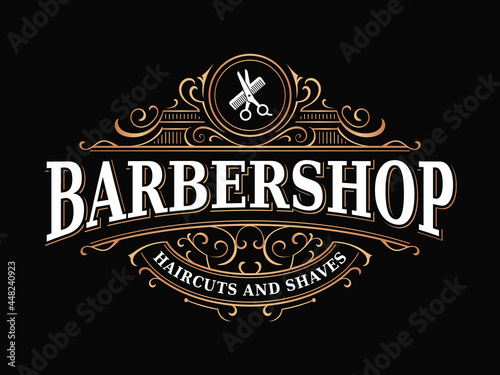 Barbershop hairdresser vintage royal elegant luxury victorian ornamental typographic logo with scissors and comb 