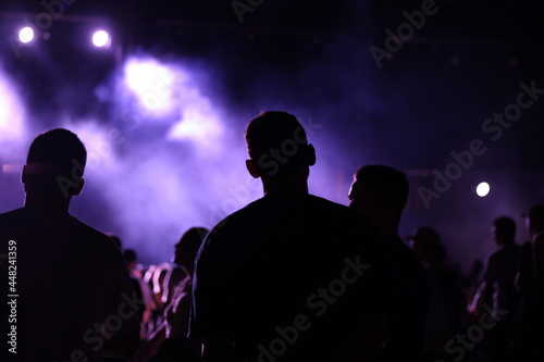 Silhouettes of people dancing at summer music festival