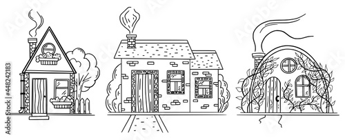 Set of hand drawn cute houses doodle icon silhouette on white background for coloring book. Hand drawn sketch and sign cartoon symbols. Decoration element. Vector illustration.