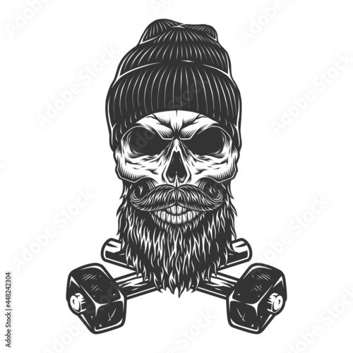 Crossed sledgehammers and skull in beanie hat