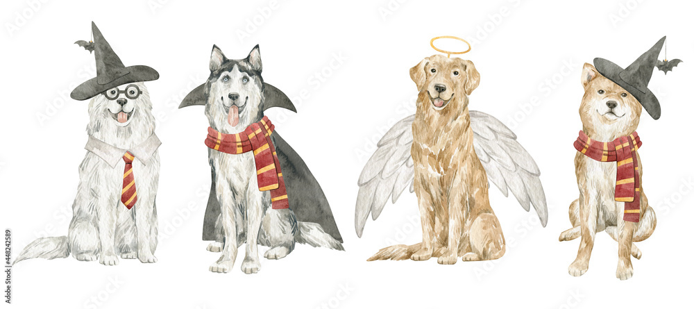 Fototapeta premium Cute watercolor dogs in halloween costumes. Samoyed, husky, golgen retriever, shiba inu in carnival costumes for autumn party. Wizard, angel, witch.