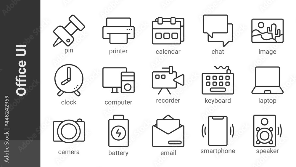 Office UI, editable outline icons set isolated on white. Perfect thin outline icon style Office UI, editable outline icons set isolated on white. Perfect thin outline icon style