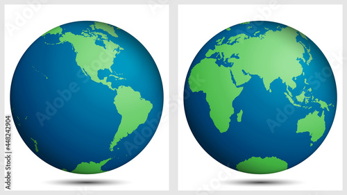 Globe map of the world, planet Earth. Western and Eastern Hemisphere.
