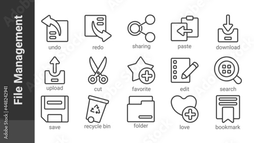 File Management, editable outline icons set isolated on white. Perfect thin outline icon style