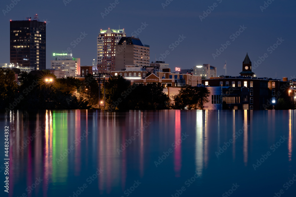 Twilight view of Manchester, NH city skyline