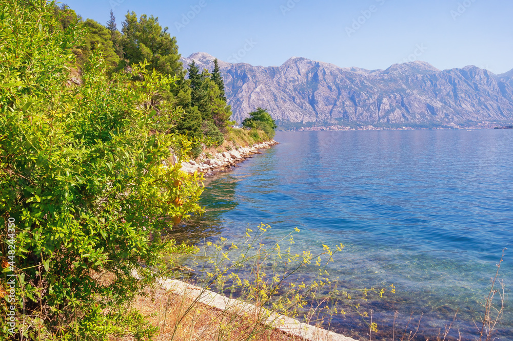 Beautiful  autumn Mediterranean landscape.  Montenegro, Adriatic Sea, view of Bay of Kotor near Perast town