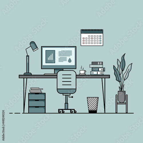 Working table flat design, Concept of working desk interior with furniture. Work room with computer, desktop, table, chair, book, and stationary equipment. Work from home cartoon illustration.