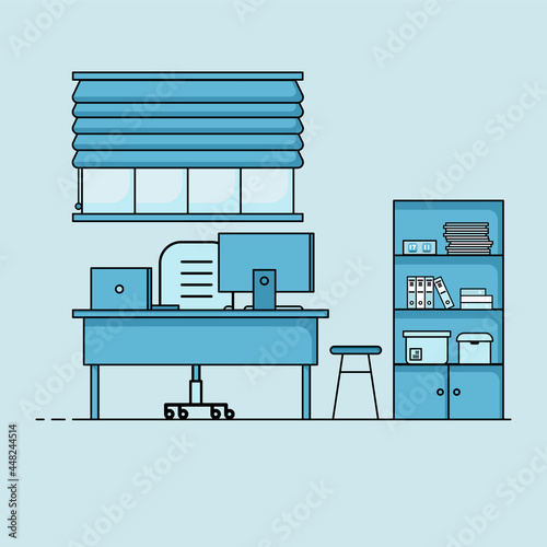 Working table flat design, Concept of working desk interior with furniture. Work room with computer, desktop, table, chair, book, and stationary equipment. Work from home cartoon illustration.
