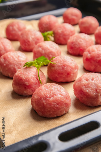 Baking tray with raw cutlets made of fresh forcemeat, closeup