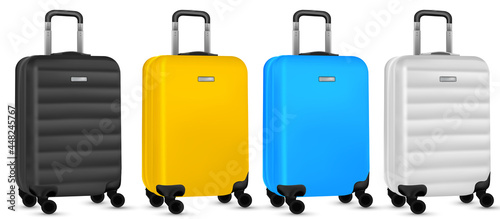 Bag travel. Colorful travel plastic suitcase or vacation baggage bag collection isolated on white background. Copy space of summer vacation and business travel concept.