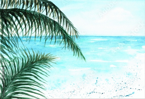 Ocean and palm leaves  watercolor summer background with copy space  hand drawn illustration