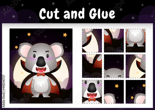 Children board game cut and glue with a cute koala using halloween dracula costume