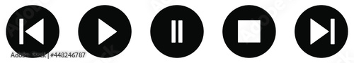 Set of black audio buttons. Black round buttons. Vector illustration. Isolated player buttons on white background