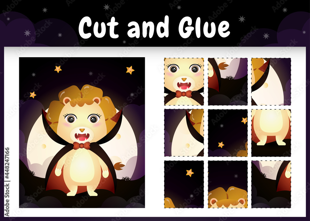 Fototapeta premium Children board game cut and glue with a cute lion using halloween dracula costume