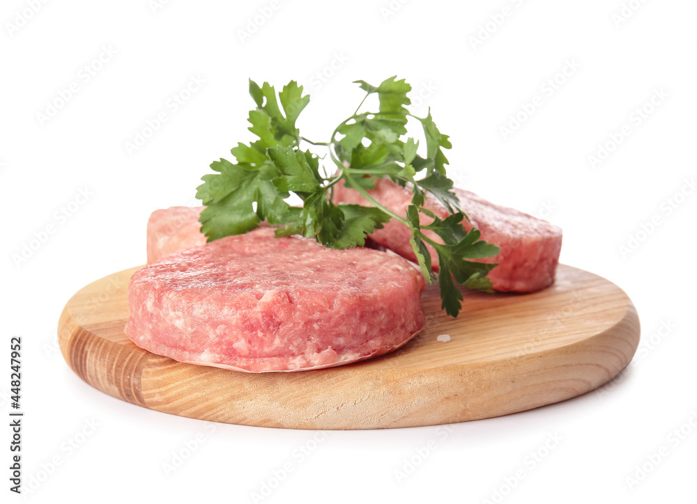 Wooden board with raw cutlets made of fresh forcemeat on white background Wooden board with raw cutlets made of fresh forcemeat on white background