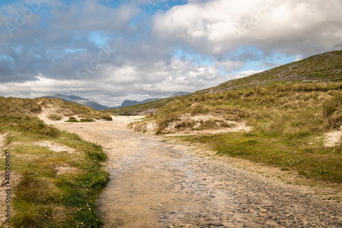 A summer 3 shot HDR image of the footpath to the popular Luskentyre  Losgaintir  beach on the Isle of Harris  Western Isles  Scotland
