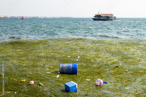 Aegean sea pollution with a tourist boat in Thessaloniki Greece