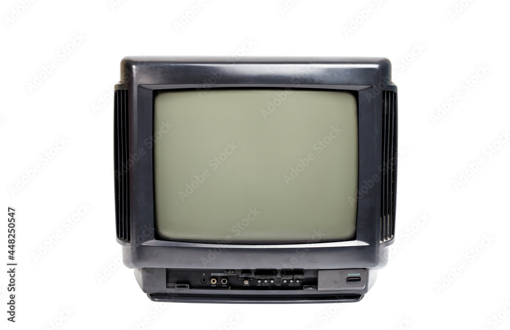Analog black old TV receiver with clipping path isolated over white background.